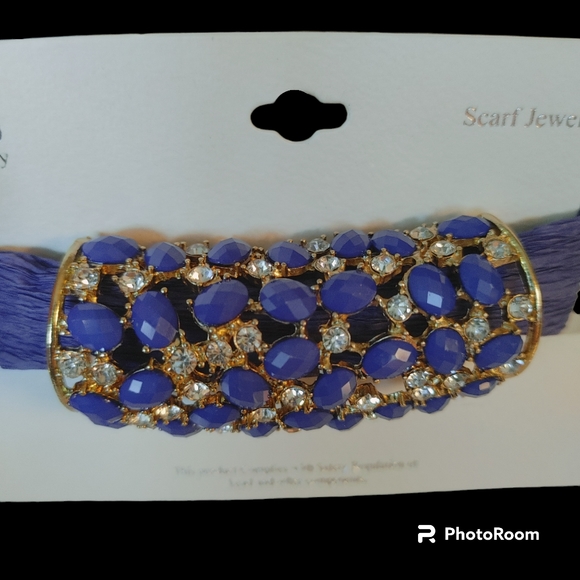 Gold, Blue & Crystal Rhinestone Scarf Slide - Picture 3 of 6